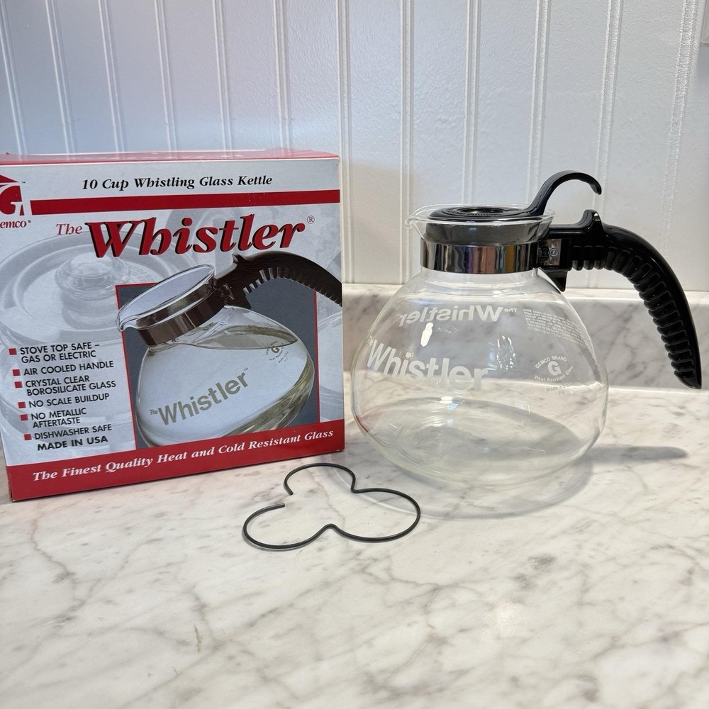 The Whistler by GEMCO Clear Glass 10 Cup Kettle Carafe Coffee Pot Black Handle